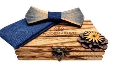 MUCHA DREWNIANA POSZETKA BROSZKA ZESTAW JEANS NOWOCZESNA PREZENT DLA NIEGO