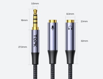 РАЗВЕТВИТЕЛЬ МИНИ-ДЖЕК 3,5 ММ ДЛЯ МИКРОФОНА, AUX НАУШНИКИ