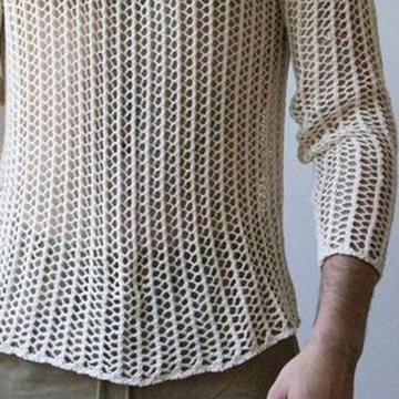 Men Mesh Top See Through Long Sleeves Round Neck H