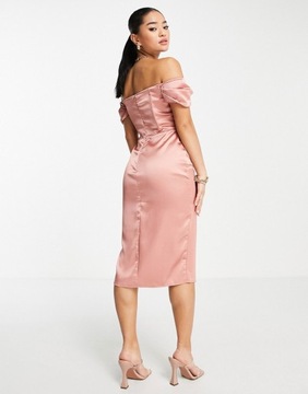 Różowa satynowa sukienka midi rozcięcie defekt 38