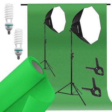 Zestaw oświetlenie 2x 65W 5500K + Tło zielone 5m