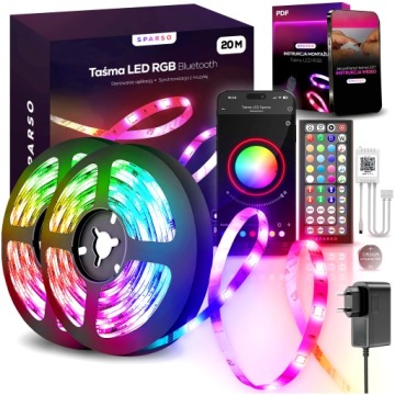 TAŚMA LED RGB LEDY 20M 12V 230V KOLOROWE NA PILOTA Z ZASILACZEM APLIKACJA
