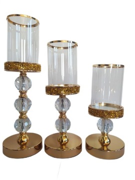 Świecznik szklany metalowy komplet 3szt złoty glamour