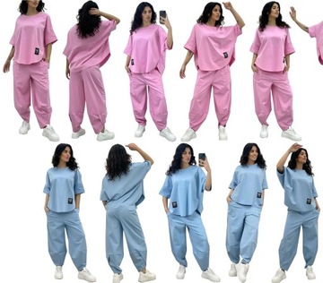 WŁOSKI ELEGANCKI KOMPLET BAWEŁNIANY BLUZKA SPODNIE DRESOWY OVERSIZE M