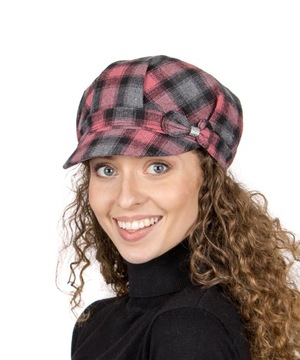 Kaszkiet Damski Czapka Beret Kratka Szaro różowy