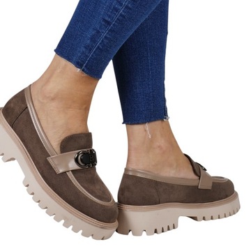 BUTY DAMSKIE MOKASYNY NA GRUBEJ PODESZWIE PÓŁBUTY KHAKI BRĄZ WYGODNE LEKKIE