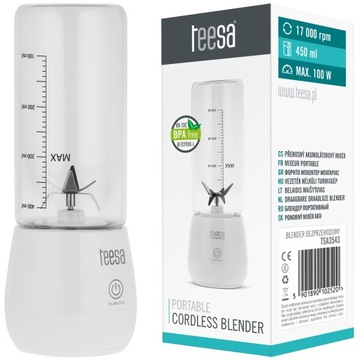 BLENDER przenośny bezprzewodowy Teesa SZKLANY kubek 450ml AKUMULATOR 100W