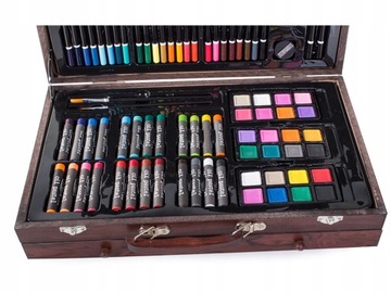 ZESTAW ARTYSTYCZNY 142 szt. + DREWNIANA WALIZKA KREDKI PASTELE FARBKI