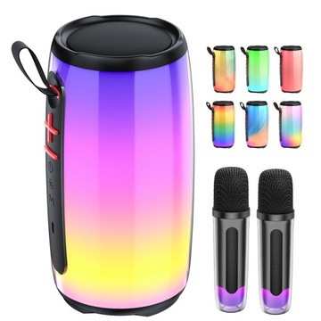 Mini sprzęt do karaoke z 2 mikrofonami, kolorowymi światłami, głośnikiem TWS, czarny