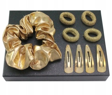 KOMPLET OZDÓB SPINKI GUMKA SCRUNCHIE GOLD ZŁOTY