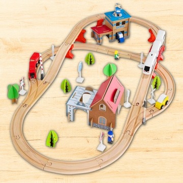 Деревянный поезд Железнодорожные пути Локомотив + вагоны на аккумуляторе