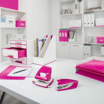 Мини-степлер LEITZ WOW + дырокол, розовый металлик