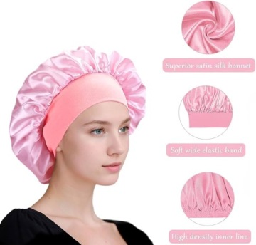Атласная шапочка для сна Шелковая шапочка для волос для сна с лентой Розовая