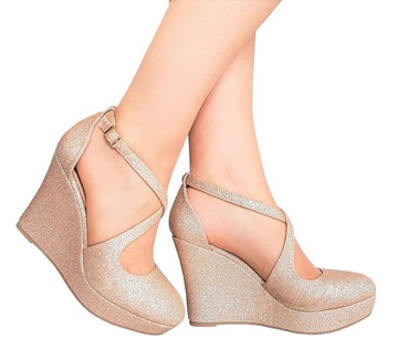 ZŁOTE BROKATOWE BUTY CZÓŁENKA KOTURNY PRZEPLATANE PASKI 40