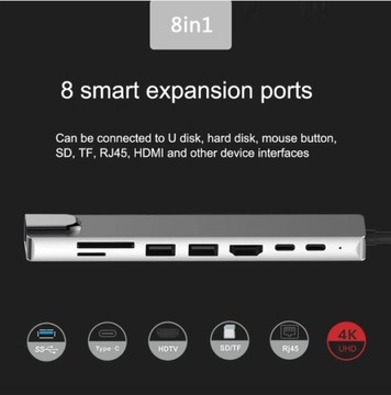 АДАПТЕР-концентратор-разветвитель USB-C TYPE-C НА 4x USB 8в1 ПЕРЕДАЧА