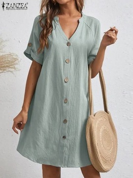 ZANZEA Elegant Women V Neck Short Sleeve Sundress