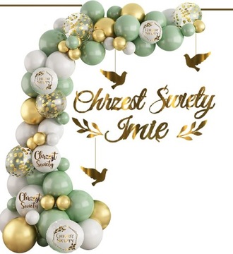 Balony boho kiwi łuk zestaw dekoracji na CHRZEST + IMIĘ