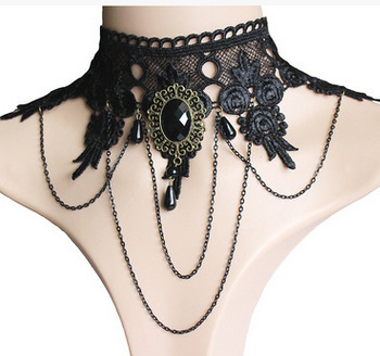 Naszyjnik boho Czarna koronka Vintage Steampunk