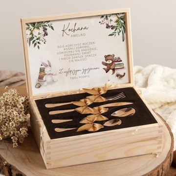 Детские СТОЛОВЫЕ ПРИБОРЫ Подарок на годик ИМЯ Бохо