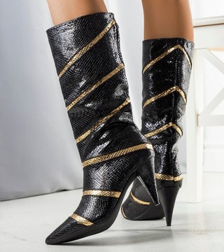 Czarno złote kozaki na szpilce modne buty RB59 26720 rozmiar 37