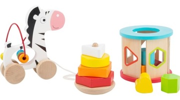 ZESTAW 3w1 SORTER PIRAMIDKA PĘTELKA zebra drewno
