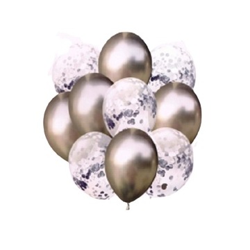 Balony metaliczne srebrne z konfetti 10 szt zestaw