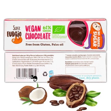 BATON CZEKOLADA CIEMNA KOKOSOWA KOKOS BEZ CUKRU GLUTENU 40g Super FUDGIO