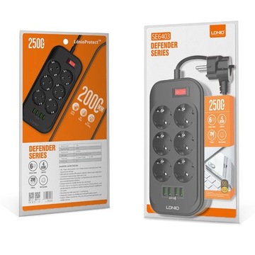 Удлинительный кабель для удлинителя, 6 РАЗЪЕМОВ + 4 порта USB, 2 м.