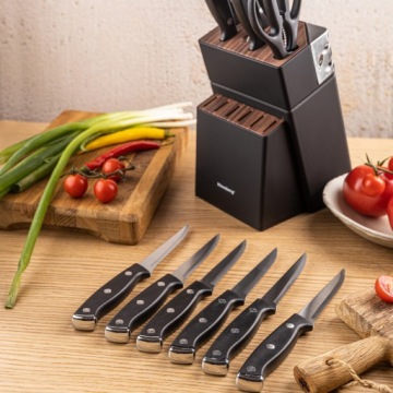 Кухонные ножи 13эл подставка с точилкой + 6 ножей для стейка ножницы KLAUSBERG