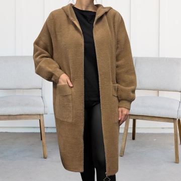 ПАЛЬТО ЖЕНСКОЕ КУРТКА ИЗ АЛЬПАКИ ТЕПЛЫЙ СВИТЕР С ДЛИННЫМ КАПЮШОНОМ ТЕМНО-КАРАМЕЛЬНАЯ 2186