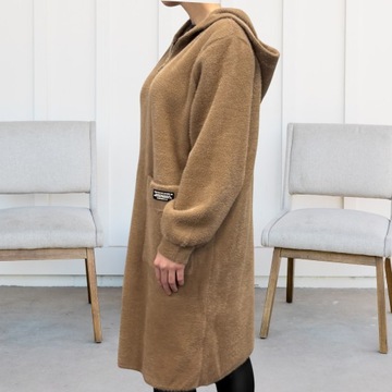 ПАЛЬТО ЖЕНСКОЕ КУРТКА ИЗ АЛЬПАКИ ТЕПЛЫЙ СВИТЕР С ДЛИННЫМ КАПЮШОНОМ ТЕМНО-КАРАМЕЛЬНАЯ 2186