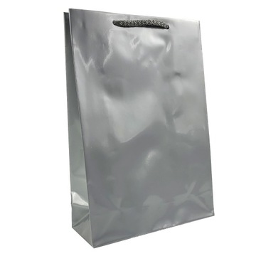 torby papierowe laminowane SREBRNE na prezent 17x7x25cm torebki błysk 10szt