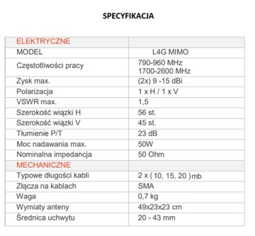 НАРУЖНАЯ НАПРАВЛЕННАЯ АНТЕННА L4G MIMO 4G/3G/2G LTE SMA 2x20м