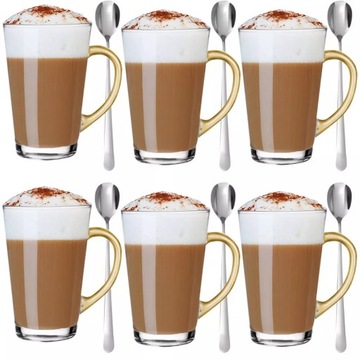 KOMPLET 6 SZT SZKLANEK ZE ZŁOTYM UCHEM DO KAWY LATTE + ŁYŻECZKI NA PREZENT