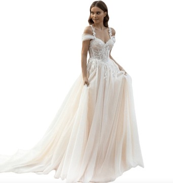 Suknia ślubna boho linia-A brokat haft koronka koraliki ivory morela 46 3XL