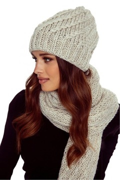 SZALIK SZAL CZAPKA BEANIE KOMPLET DAMSKI KOBIECY 10% WEŁNY RÓŻ RÓŻOWY