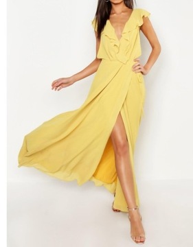 Żółta szyfonowa sukienka maxi z falbanką BOOHOO 36