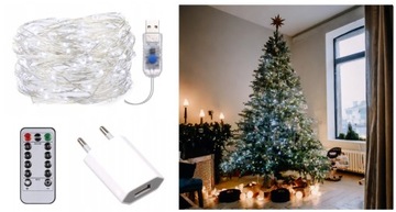 LAMPKI CHOINKOWE LINKA LED Z PILOTEM USB + ZASILACZ BIAŁY ZIMNY 5m