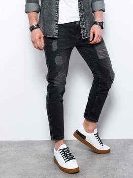 Męskie spodnie jeansowe taper fit z dziurami - czarne V2 P1028 M