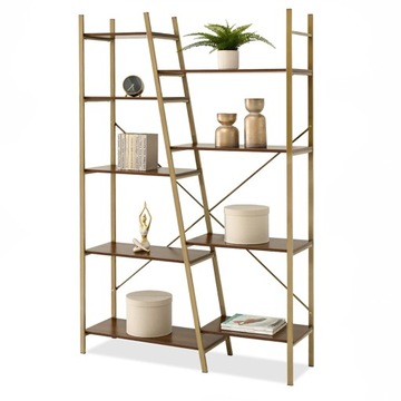 REGAŁ ASYMETRYCZNY Z PÓŁKAMI GEFION ORZECH NA METALOWYM ZŁOTYM STELAŻU