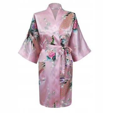 Szlafrok W Kwiaty Kimono Jedwab Satyna Burgund