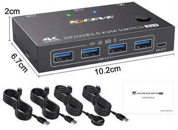 ESKEVE Przełącznik USB 3.0 KVM Displayport 8K 30 Hz 4K 120 Hz