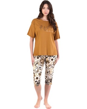 Piżama damska koszulka spodnie za kolano pomarańczowo-kremowa w kwiatki 4XL