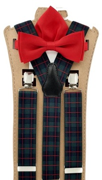 Szelki - zielona szkocka krata - mucha z poszetką