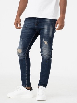 SPODNIE JEANSOWE MĘSKIE WYTARCIA MODNE i8 Denim Skinny Ciemne Niebieskie 31