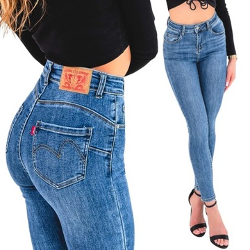 Ciemne klasyczne jeansy damskie spodnie skinny PUSH UP wysoki stan S