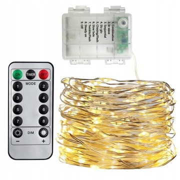LAMPKI DRUCIKI 100 LED 10M ŚWIATEŁKA NA BATERIE BIAŁE CIEPŁE ŚWIATŁO+ PILOT