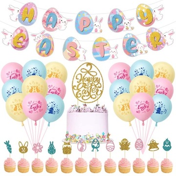 ZESTAW DEKORACJI WIELKANOCNYCH MIX TOPPERY BALONY 42 SZTUKI