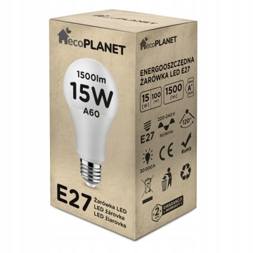 Żarówka LED ecoPLANET - E27 - A60 - 15W - 1500Lm - biała ciepła