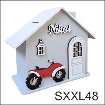 DUŻA drewniana skarbonka domek z quadem prezent dla chłopca personalizowana